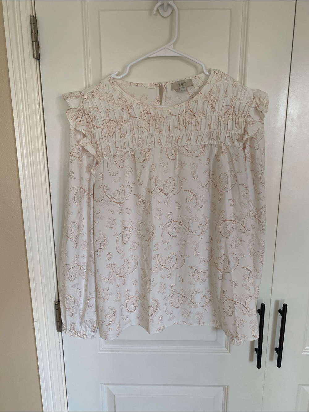 LOFT Cream Paisley Ruffle Yoke Blouse